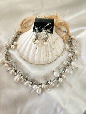 Pearl and Crystal Cluster Necklace with Matching Earrings - White